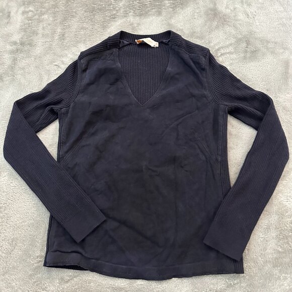 Tory Burch Black Long Sleeve Sweater Top Lambs Leather Ribbed Knit MEDIUM - Picture 1 of 6